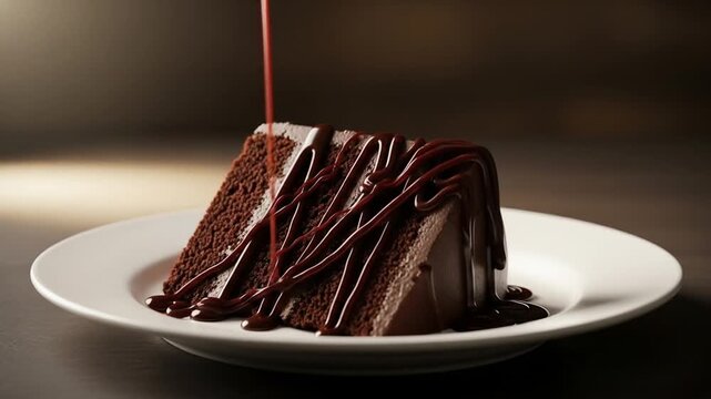 Indulge in decadent chocolate cake with rich fudge sauce being drizzled, perfect for sweet cravings and dessert lovers, a truly tempting treat