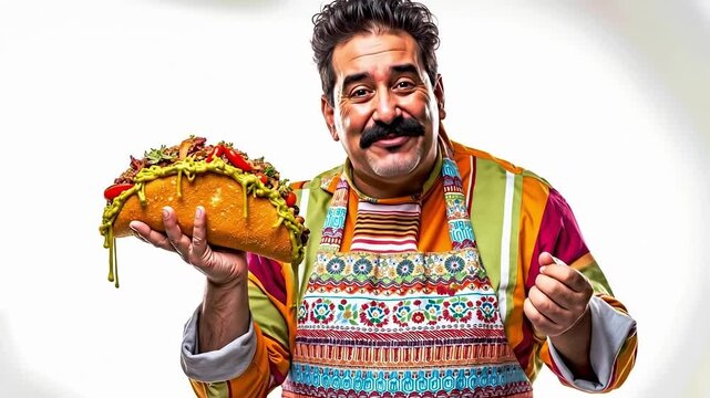 A man in an apron holding a taco in his hand