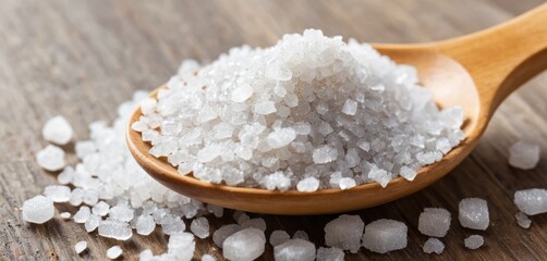 Coarse sea salt crystals piled in a wooden spoon on a rustic wooden surface