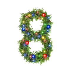A Christmas wreath adorned with lights and a number 8.