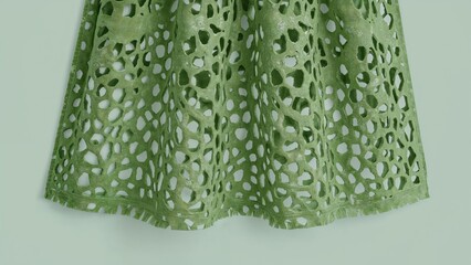 A torn green cloth with a pattern of holes, appearing faded and worn.
