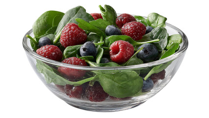 Vibrant salad bowl filled with fresh spinach raspberries and blueberries healthy organic meal isolated on transparent background