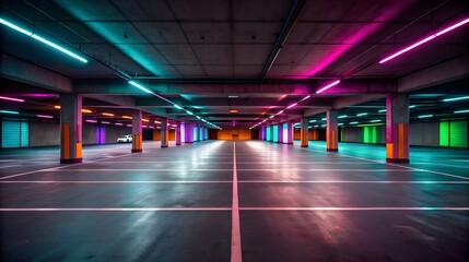 Fototapeta premium Vibrant neon lights illuminate an empty parking garage at night time