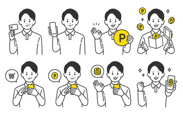 クレジットカードやスマホで買い物をする･ポイントを貯める中年男性のセット【人物ベクターイラスト素材】