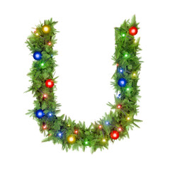 Letter U shining in a Christmas garland adorned with lights