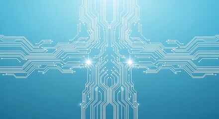 Abstract Glowing Digital Circuits Forming a Futuristic Network on a Blue Background