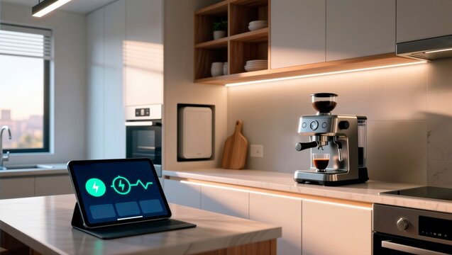 Tablet with energy monitoring app and coffee machine in a modern smart kitchen.