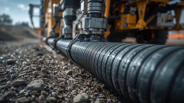Close up of Horizontal directional drilling technology showing drilling machine work process for trenchless laying of communications, pipes, and water pipes