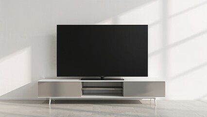 Fototapeta premium TV wide screen on the TV stand in modern living room with white wall. Side view. 3d illustration