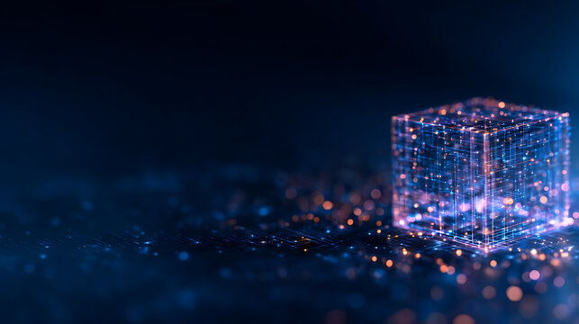 Digital big data cube ai tech background. 3d abstract blue artificial line box. Computer science semiconductor quantum network. Fintech technology chip blockchain vector. 72966369 1