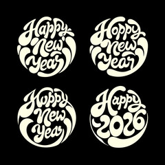 Four Happy New Year 2026 designs with cream lettering