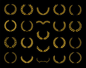 Set of different golden silhouette laurel foliate and olive wreaths depicting an award, achievement, heraldry, nobility, emblem, logo. Vector illustration.