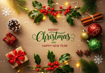 Christmas greeting card with christmas decorations and text Merry Christmas and Happy New Year