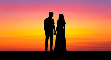 Silhouette of a Couple Holding Hands at Sunset.