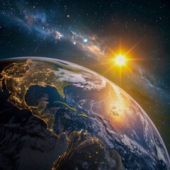 지구의 일출, 태양빛 아래에서 본 지구의 사실적인 우주 이미지, 지구, 우주, 태양, 행성, 환경, 지리, 지구과학, 우주여행, 자연, 지도,Realistic view of Earth and Sun from space with detailed continents and glowing atmosphere