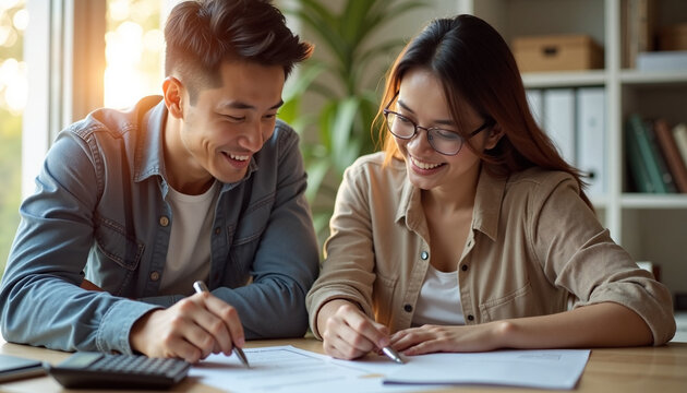 Couple reviewing documents together at home, reviewing documents, smiling, and collaborating over paperwork. This couple reviewing documents includes a contract,