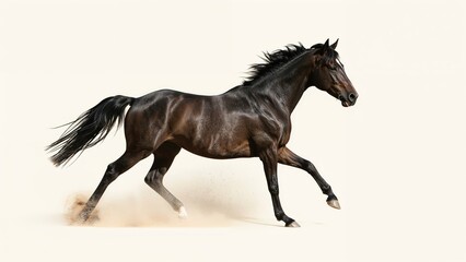 Obraz premium Running bay horse, dust, equestrian, black, isolated, animal, sport, training, speed, nature