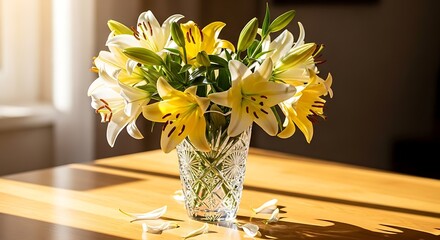 Vibrant Yellow and White Lilies in a Crystal Vase on a Wooden Table.