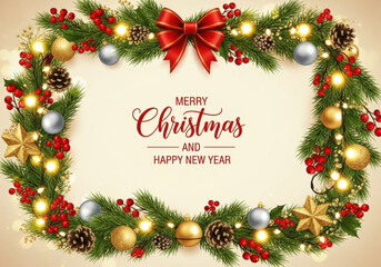 Christmas greeting card with christmas decorations and text Merry Christmas and Happy New Year