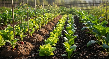 Rows of Fresh Vegetables Growing in a Garden.
