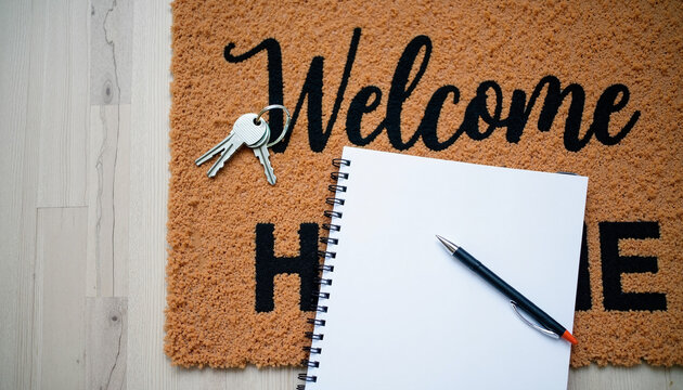 Welcome home invitation concept displays keys, notepad, and pen atop doormat, offering warm invitation. Welcome home concept offers keys to new house, blank notepad for ideas and cozy doormat.