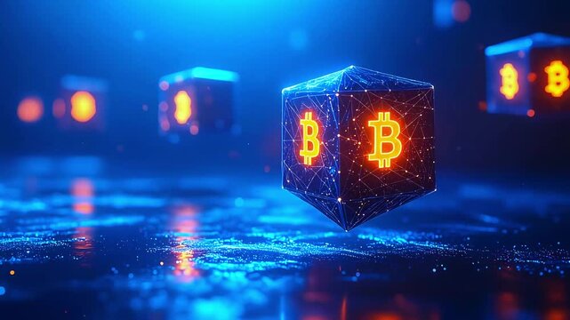 Animated 3D blockchain cube featuring the Bitcoin symbol, floating in a futuristic digital environment with glowing blue data streams and reflections