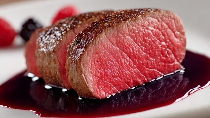 Exquisite slices of perfectly seared and succulent medium-rare beef tenderloin or venison, glistening with a rich, dark red berry or wine reduction sauce