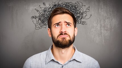 exposure of a Gen Y man with a worried expression, overlaid with a tangled knot of ropes or a maze of conflicting thoughts, symbolizing internal conflict and anxiety, chaotic, disorienting textures 