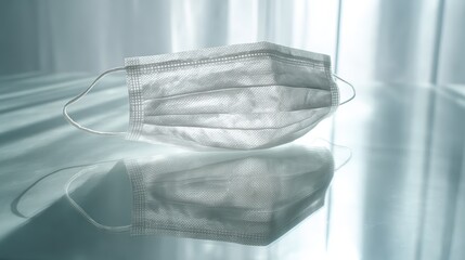 Disposable Medical Face Mask On Reflective Surface For Health Care And Safety Imagery