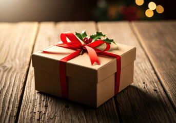 Brown Christmas gift box on rustic wooden table