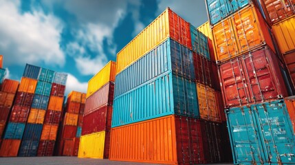 Brightly colored shipping containers are stacked high in a busy port on a sunny day.