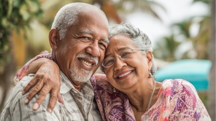 Happy couple enjoying each others company while surrounded by beautiful palm trees at the beach.
