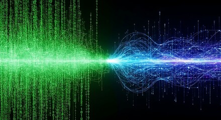 Abstract Digital Data Stream Transformation From Green To Blue Light Trails Effect