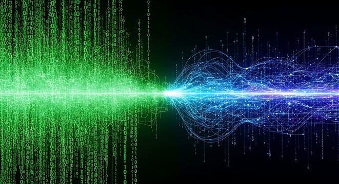 Abstract Digital Data Stream Transformation From Green To Blue Light Trails Effect
