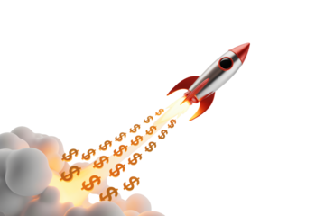Dynamic rocket blasting off leaving trail of golden dollar signs symbolizing financial growth and business success