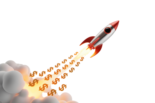 Dynamic rocket blasting off leaving trail of golden dollar signs symbolizing financial growth and business success