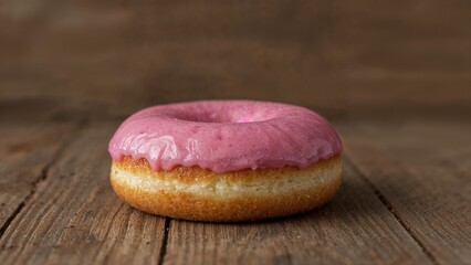 National Donut Day with a close-up of a pink, delicious donut on a rustic wooden surface. Indulge in this sweet treat with a focus that enhances your love for donuts!