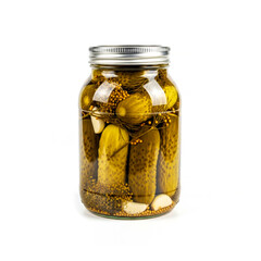 Pickled cucumbers in jars on a white background