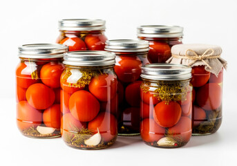 Pickled red tomatoes in jar on a white background