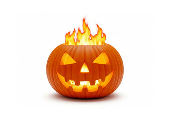 Grinning jack-o'-lantern with flickering flames emanating from the top and inside on a white background