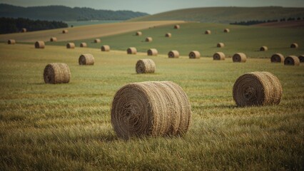 Fototapeta premium Round hay bales in agriculture, farming, hay, crops, feed, hay bales, round bales, on a landscape.