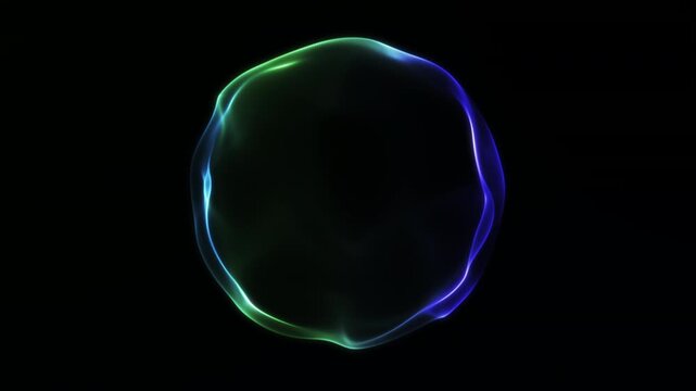 A glowing abstract digital energy sphere in blue and green neon light shades on dark background. Futuristic soft fluid plasma ring with smooth flow and particle effect. Minimal sci-fi background.