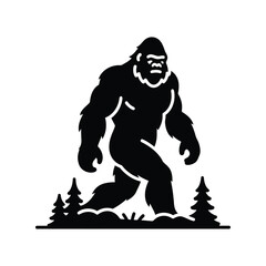 Mysterious bigfoot silhouette walking through pine trees mythical creature forest adventure isolated on white background