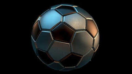 Fototapeta premium An intricately designed soccer ball with alternating metallic silver and dark bronze panels glistens under studio lighting against a stark black background showcase.