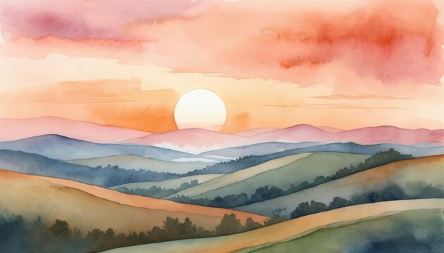 Watercolor rolling hills at sunset with a bright sun and soft pink clouds