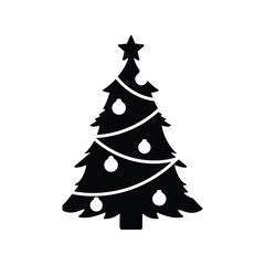 Simple festive christmas tree silhouette with lights and star decoration isolated on white holiday season isolated on white background