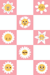 A poster with Groovy flowers, retro backgrounds, y2K style. Simple flat vector illustration.