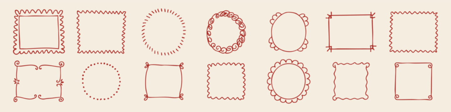 Set of 14 hand drawn decorative frames with wavy, scalloped, and dotted borders in red outline. Perfect for Christmas cards, invitations, labels, and festive packaging designs