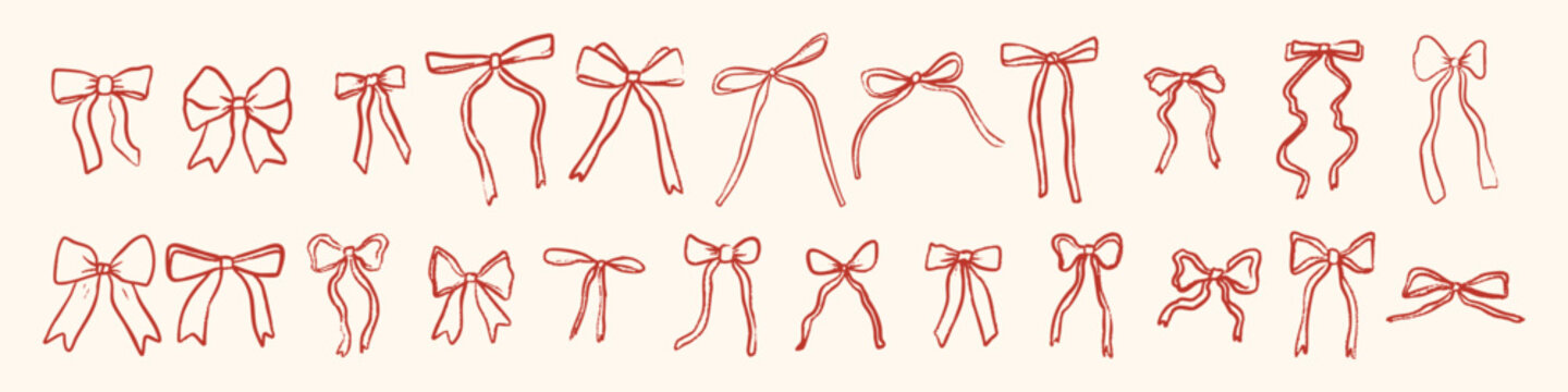 Collection of 24 hand drawn bows in red outline. Minimal and festive design perfect for Christmas cards, wrapping paper, stickers, packaging, and winter decor