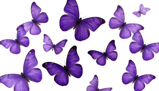 Mixed Shades of Violet Butterflies Scattered in Flight, Elegant Minimal Composition Transparent - Powered by Adobe